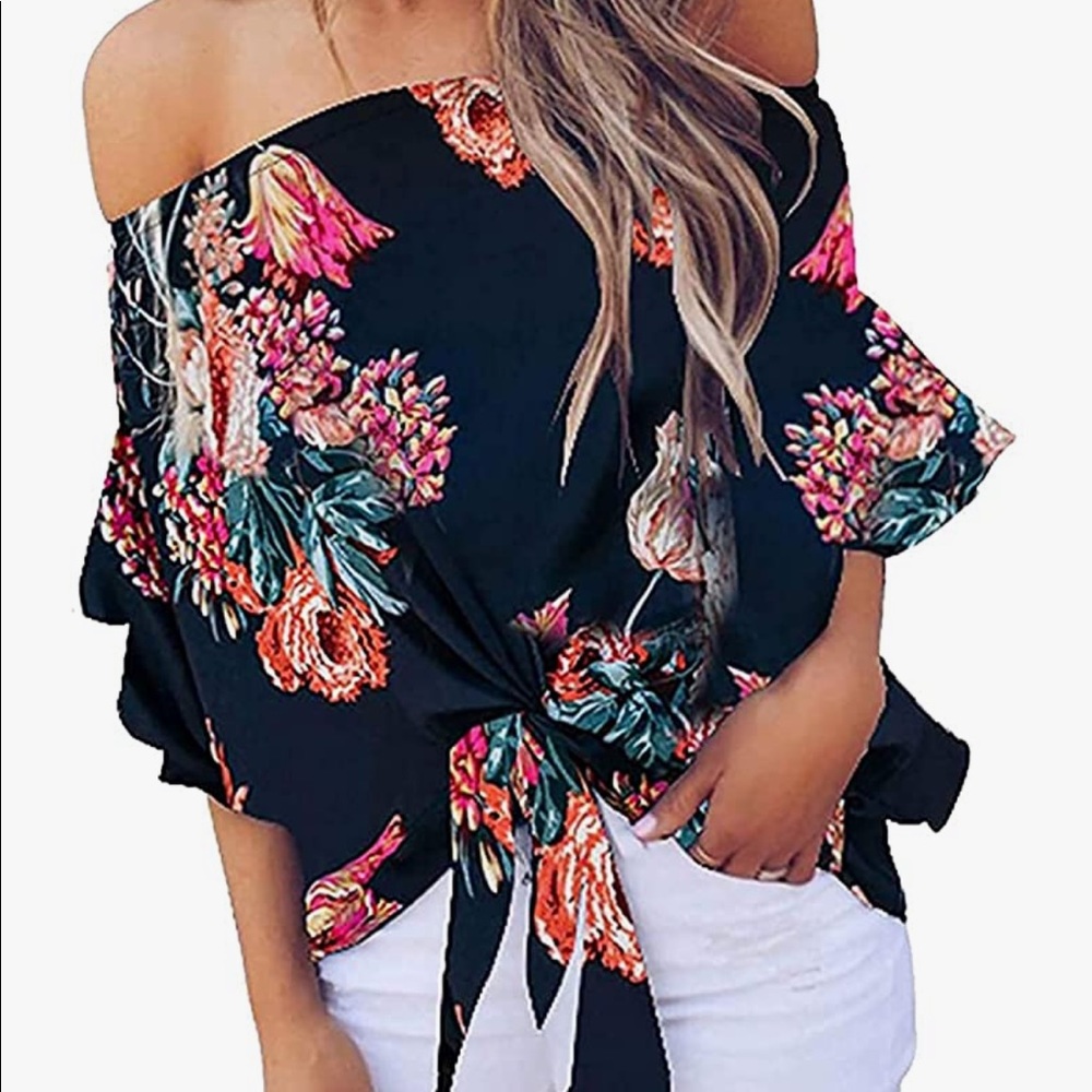 Women's Striped Off The Shoulder Tops 3/4 Bell Sleeve Tie Knot Casual Blouse